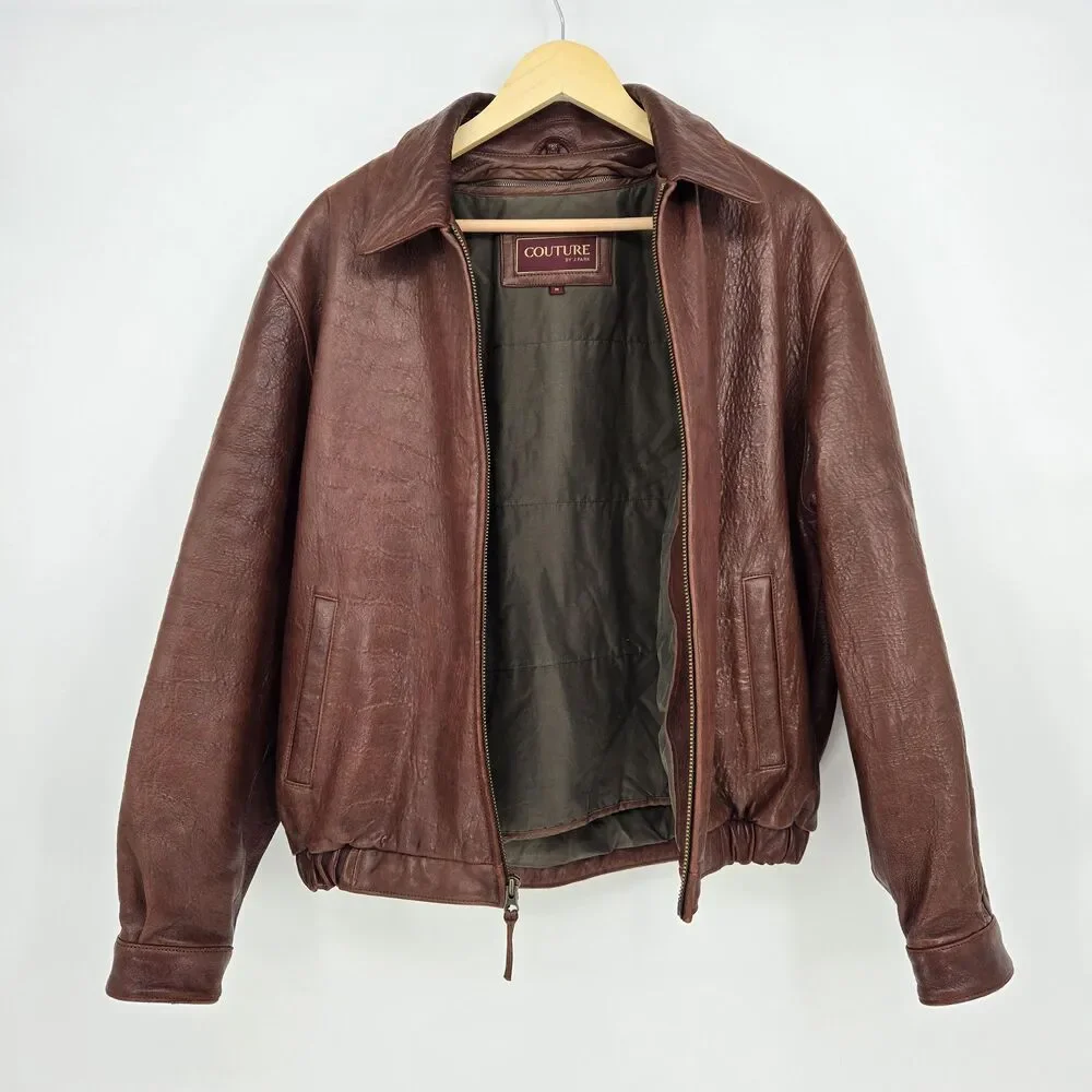Vintage genuine lamb leather brown bomber jacket -‎ mens medium